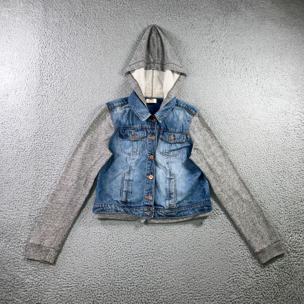 lei Mixed Media Denim Trucker Jacket Jrs Large Blue Gray Hooded Y2k Indie Casual